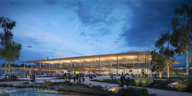 Exterior rendering of low-hanging terraced building at dusk featuring outdoor plaza