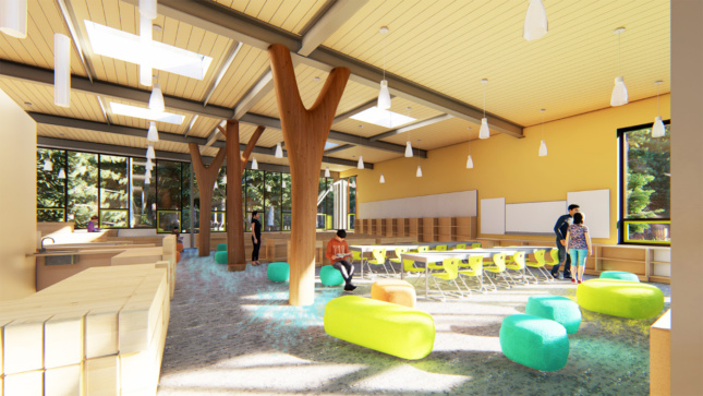 Interior rendering of a school with Y-shaped timber columns