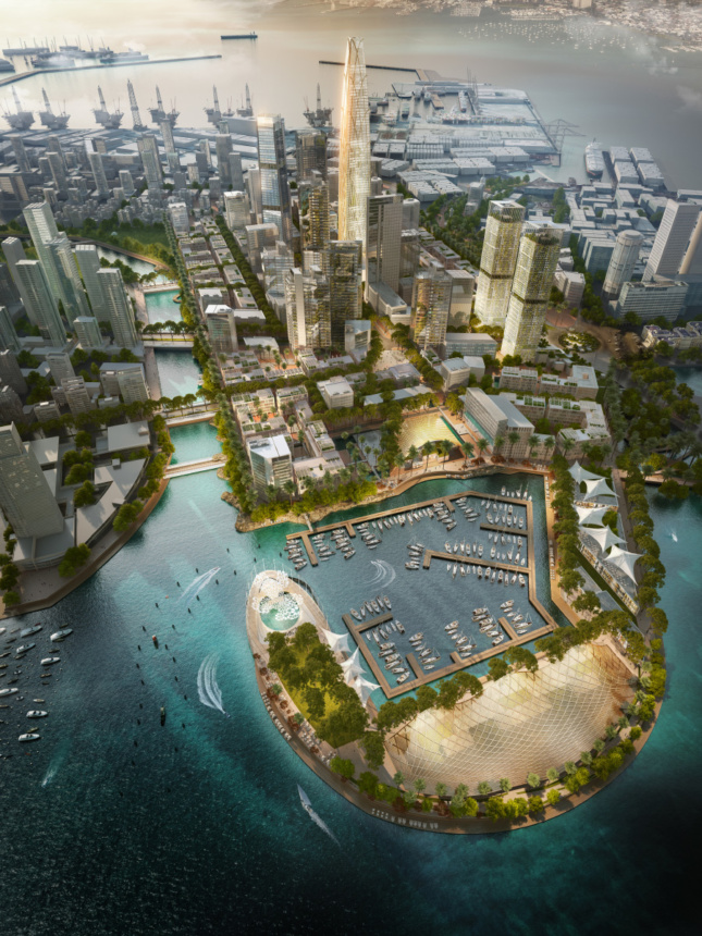 Aerial rendering of a cove development, for the Belt and Road