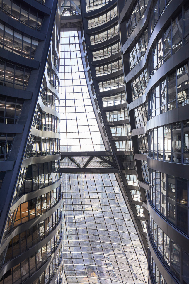 Interior shot of skybridge in glass office tower 