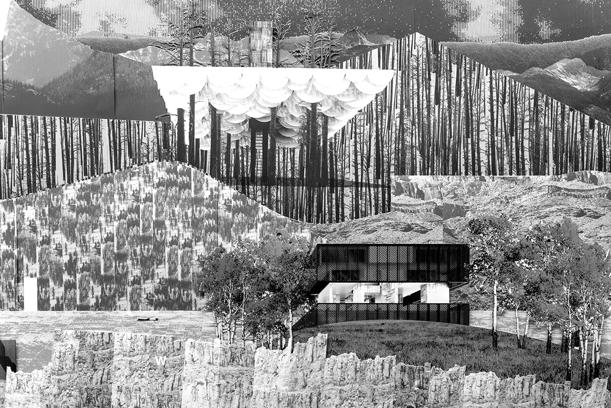 Building set in a collaged landscape
