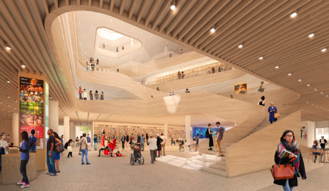 Rendering of the inside of the new Charlotte Library, featuring timber slats