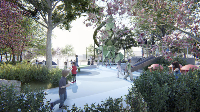 Rendering of a park with snow on the ground on Pier 97