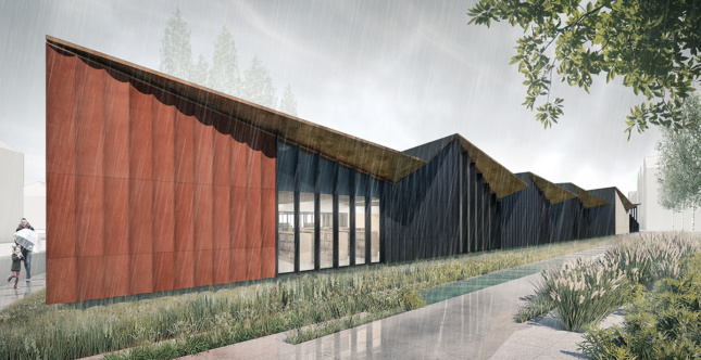 a digital rendering of the exterior of a library