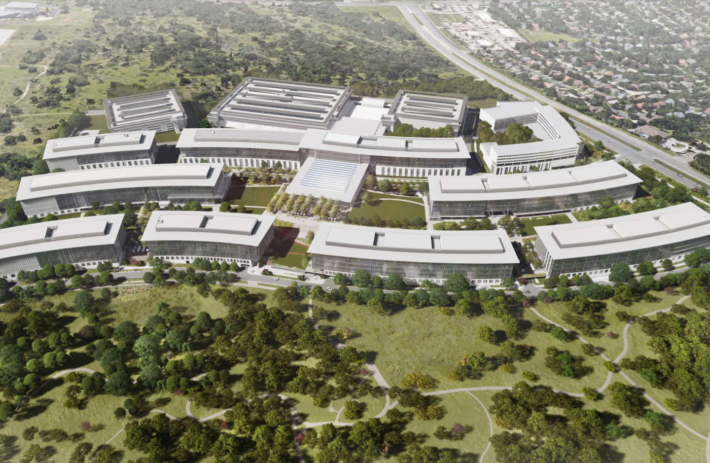 Aerial rendering of the new Texas Apple campus depicting 10 sinuous white office blocks