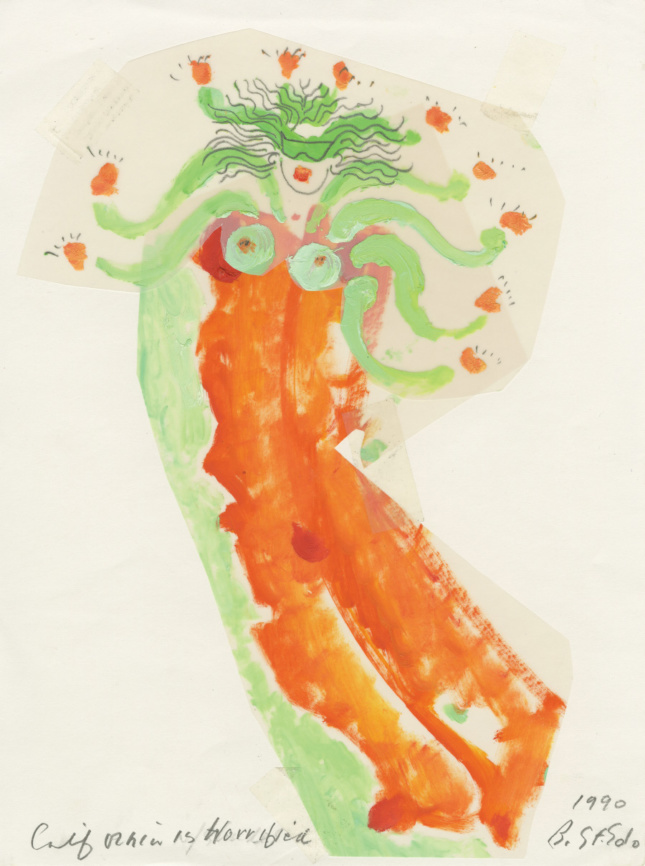 Drawing of an orange woman with spiraling tendrils