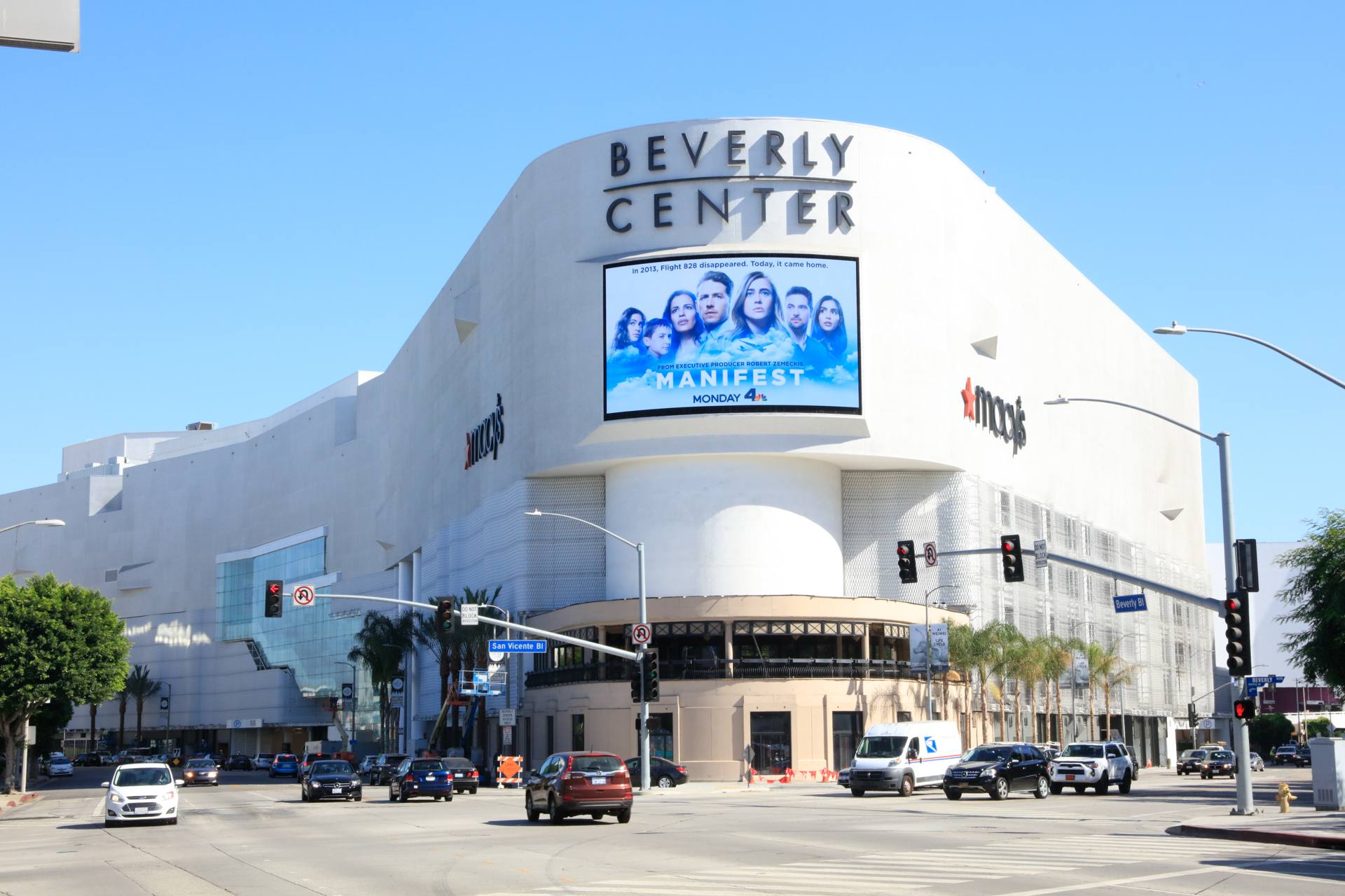 Photo of a white mall with a Beverly Center sign on top