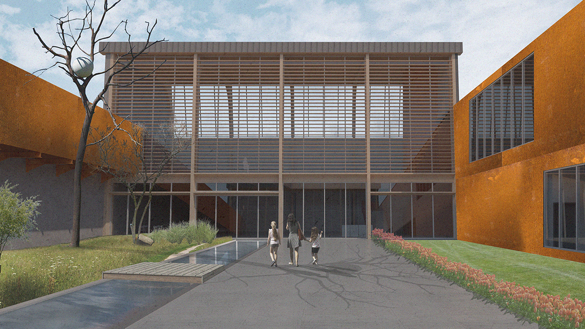 Rendering of building with courtyard, student work that shows timber louvers