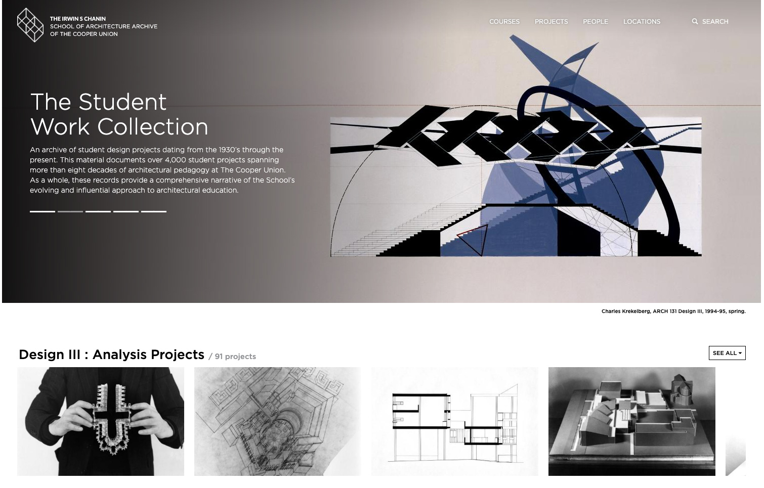 A screenshot of the landing page for the cooper union's new student work collection database.