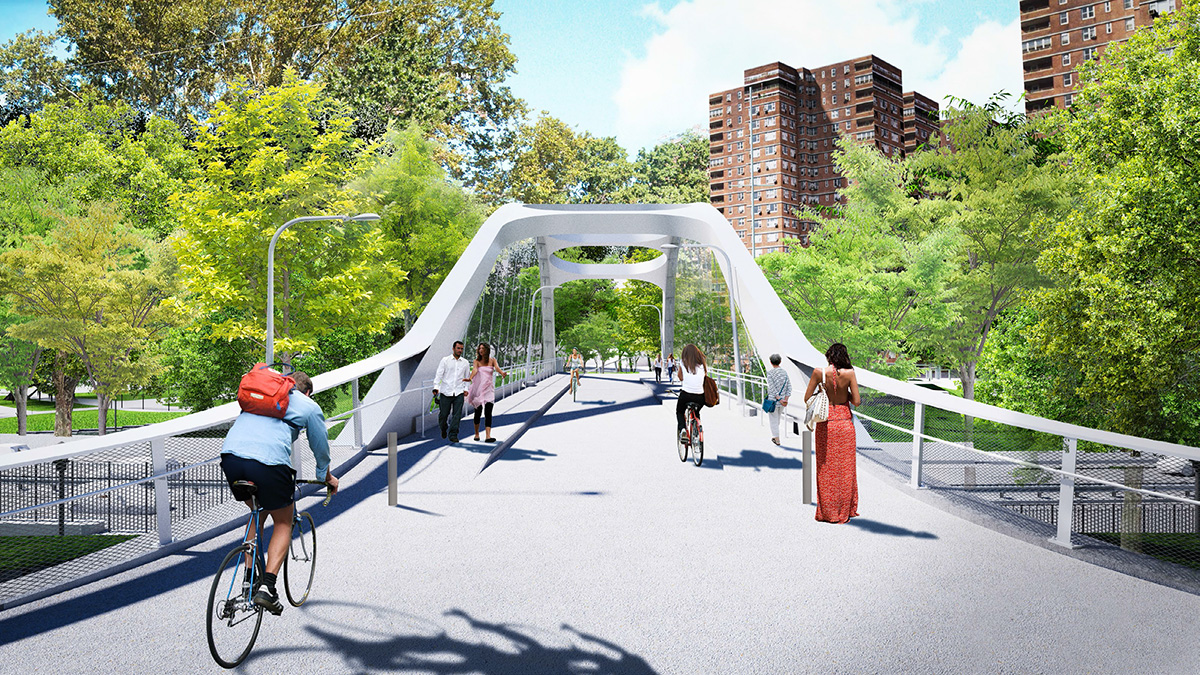 Rendering of a bridge over the East Side Coastal Resiliency park