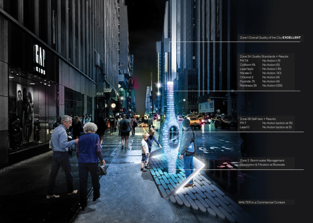 Rendering of a street with a holographic pole