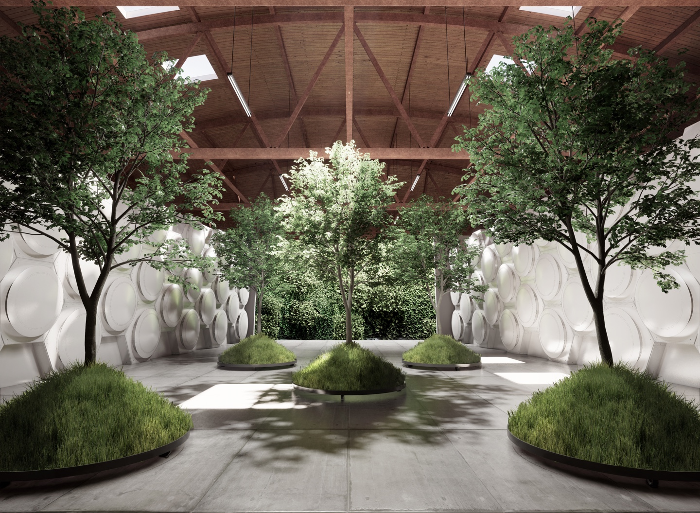 A rendering of a room consisting of concrete floors, an arched wooden ceiling, hexagonal patterned walls and five trees planted on mounds.