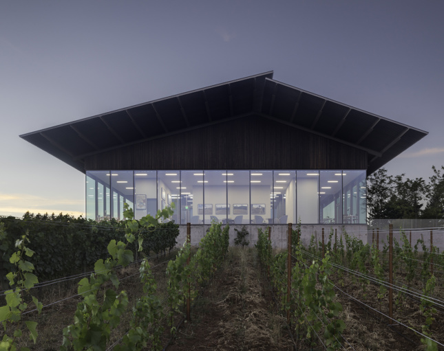 a gabled, glass-walled building with a vineyard in the rear
