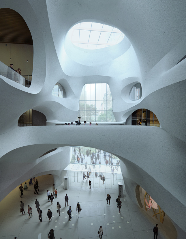 Multistory interior with white, curved walls and skylight