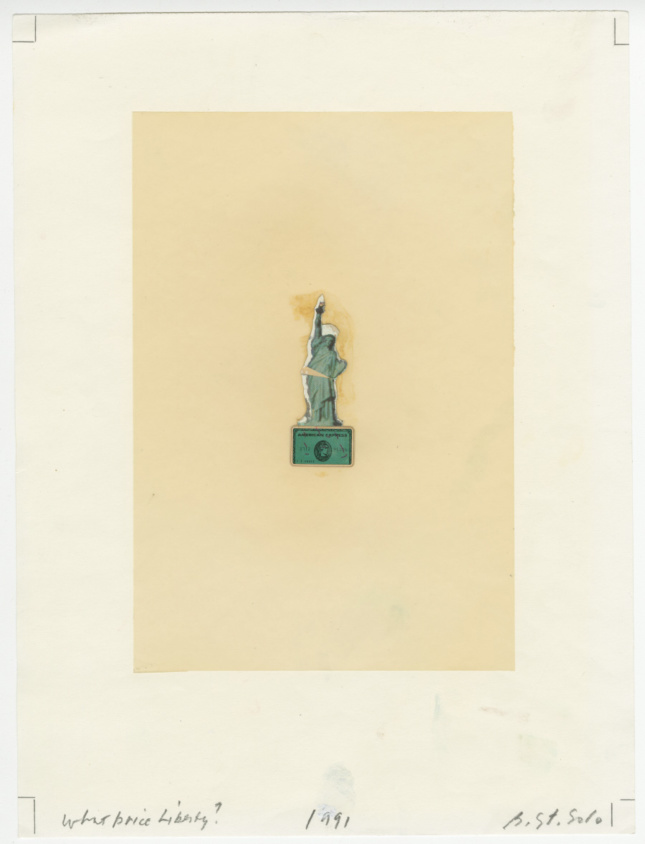 A collage by Barbara Stauffacher Solomon of the statue of liberty atop a credit card