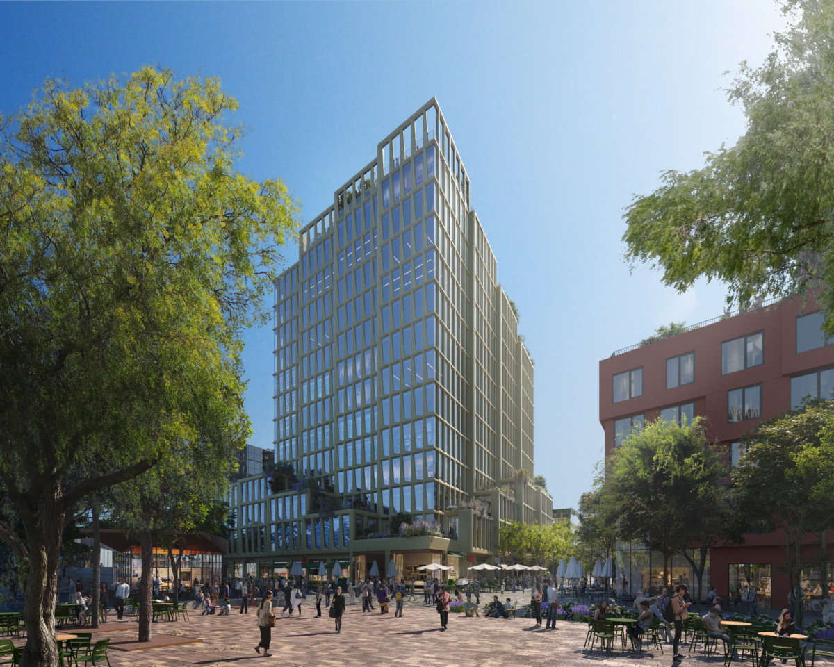 Rendering of staggered office tower and urban plaza