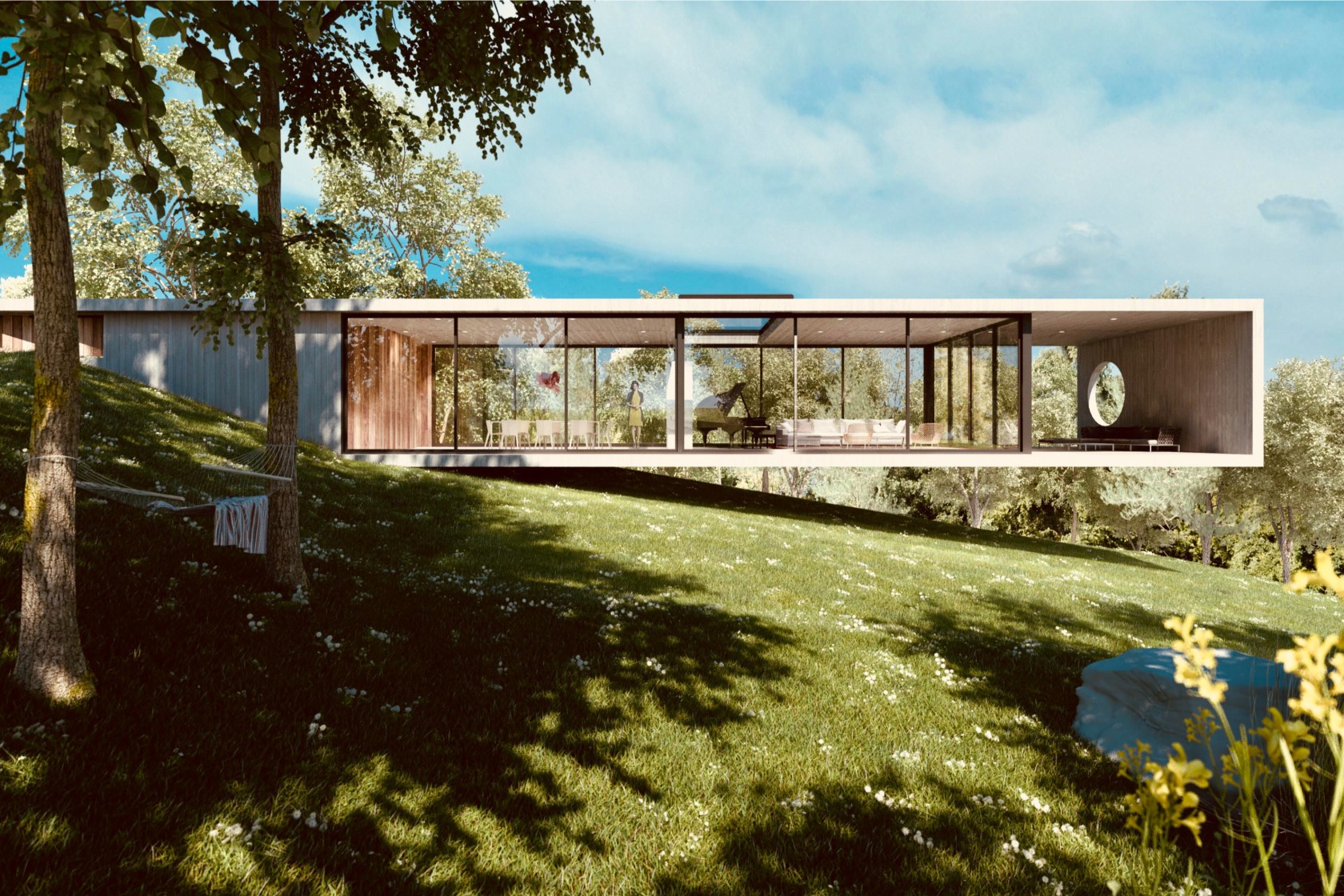 Rendering of a cantilevering modernist home over a hill in Walden Monterey
