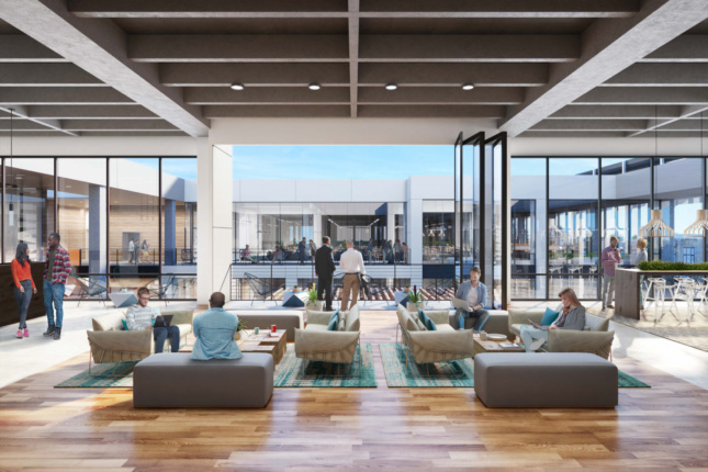 Interior rendering of an office looking out to a courtyard in what was once a Macy's