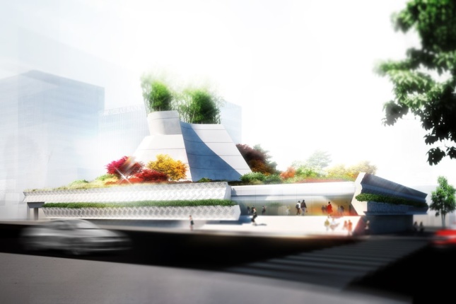 Rendering of a low-slung Los Angeles museum with plants on top