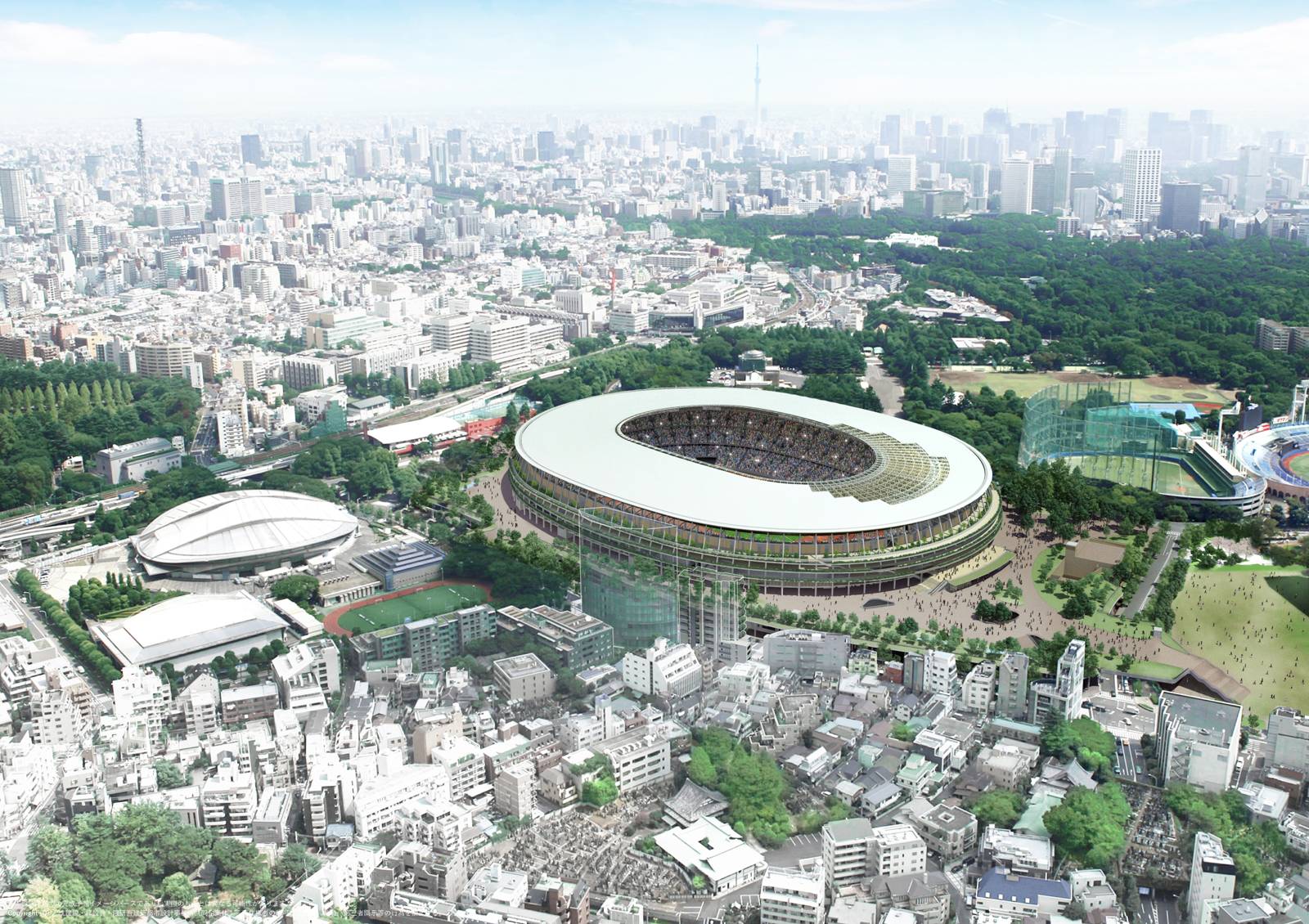 Aerial rendering of the National Stadium in Tokyo, surrounded by low-rise buildings