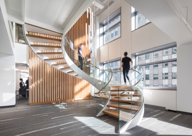a stairwell inside of an office buidling