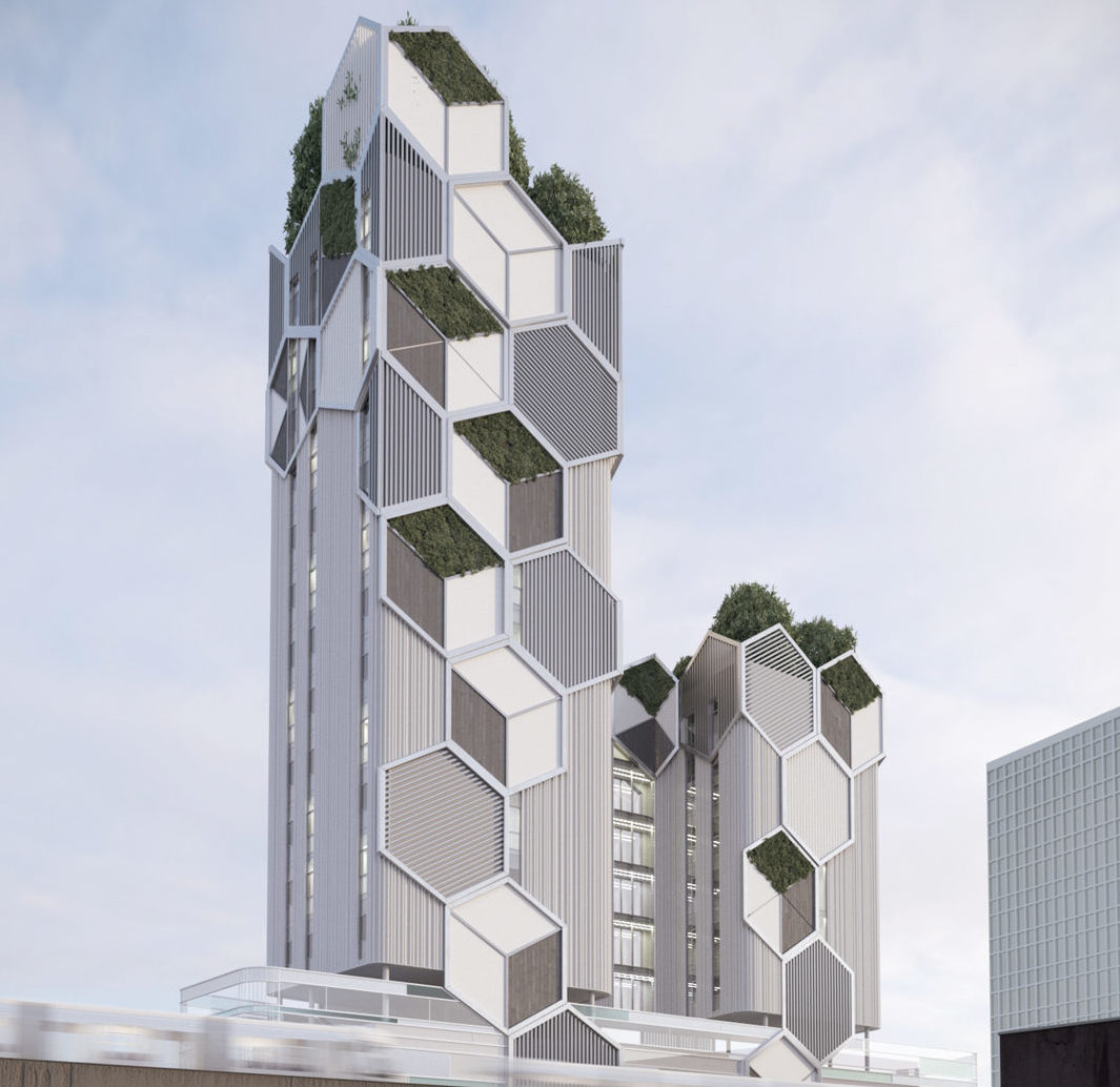Image of green tower with hexagonal facade elements