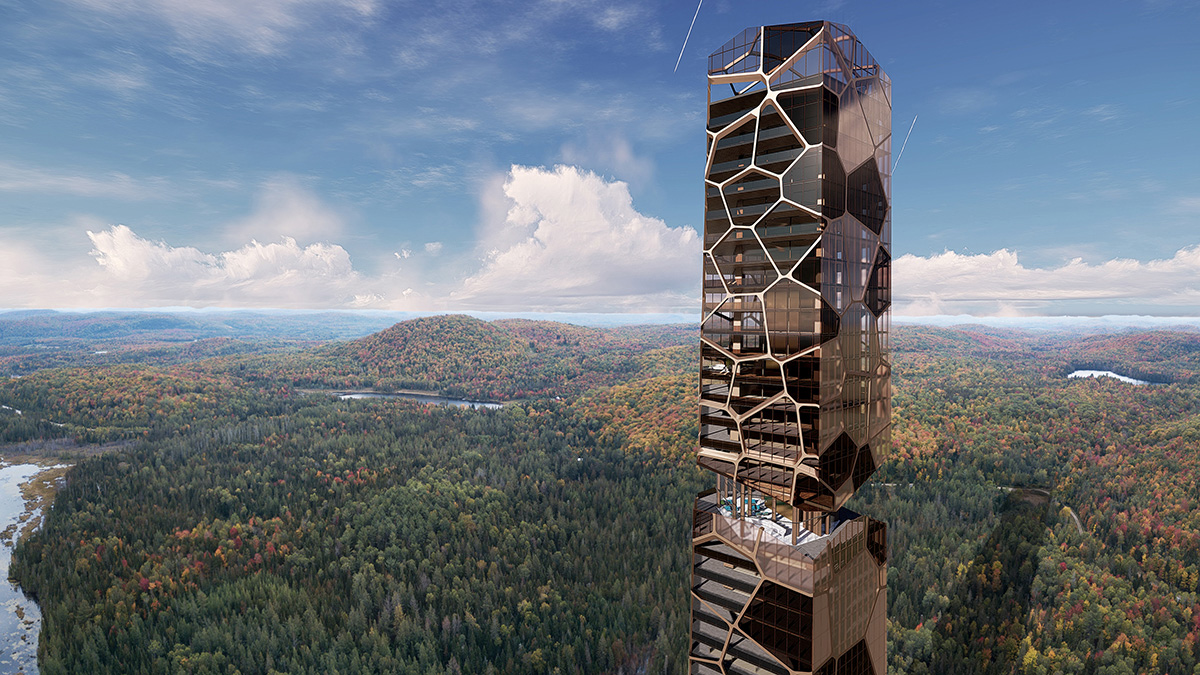 Aerial rendering of earthy-toned luxury tower in the middle of a forest from Mu Architecture