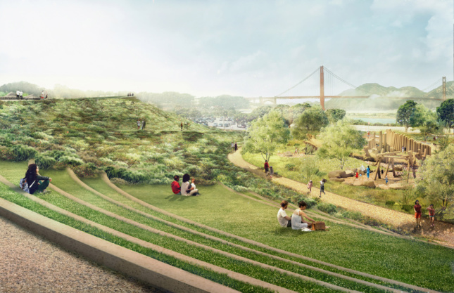 Rendering of the Presidio with tiered steps looking out to the bridge