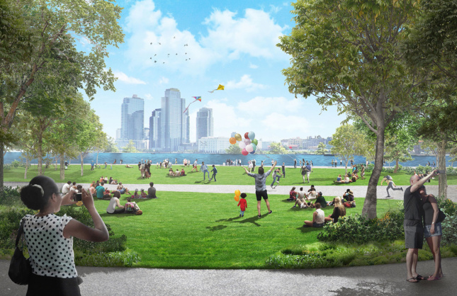 Rendering of a raised riverfront park