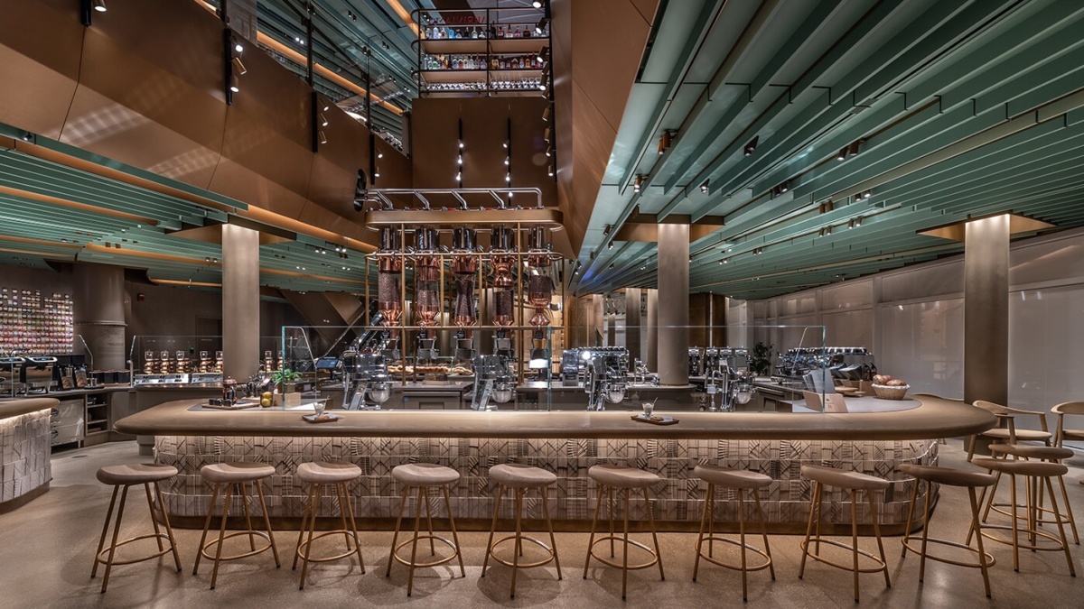 Interior photo of Starbucks bar with a central atrium void