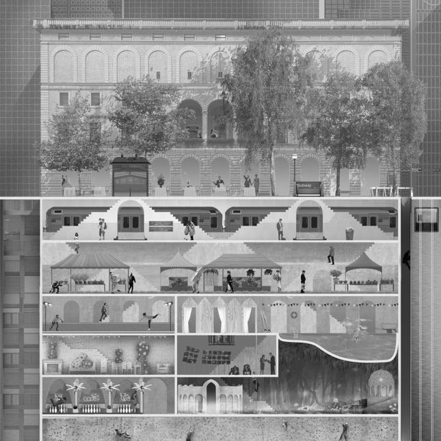 Black and white rendering of building section