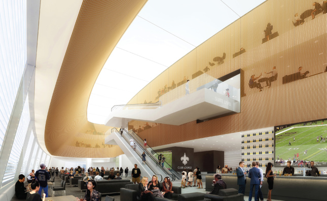 Interior rendering of a bar space and lounge in a stadium 