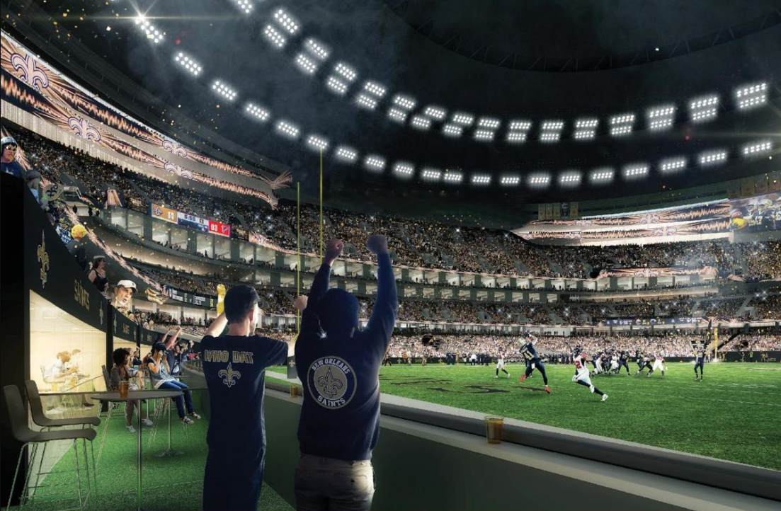 Rendering of sports fans cheering in a suite next to field in the Superdome