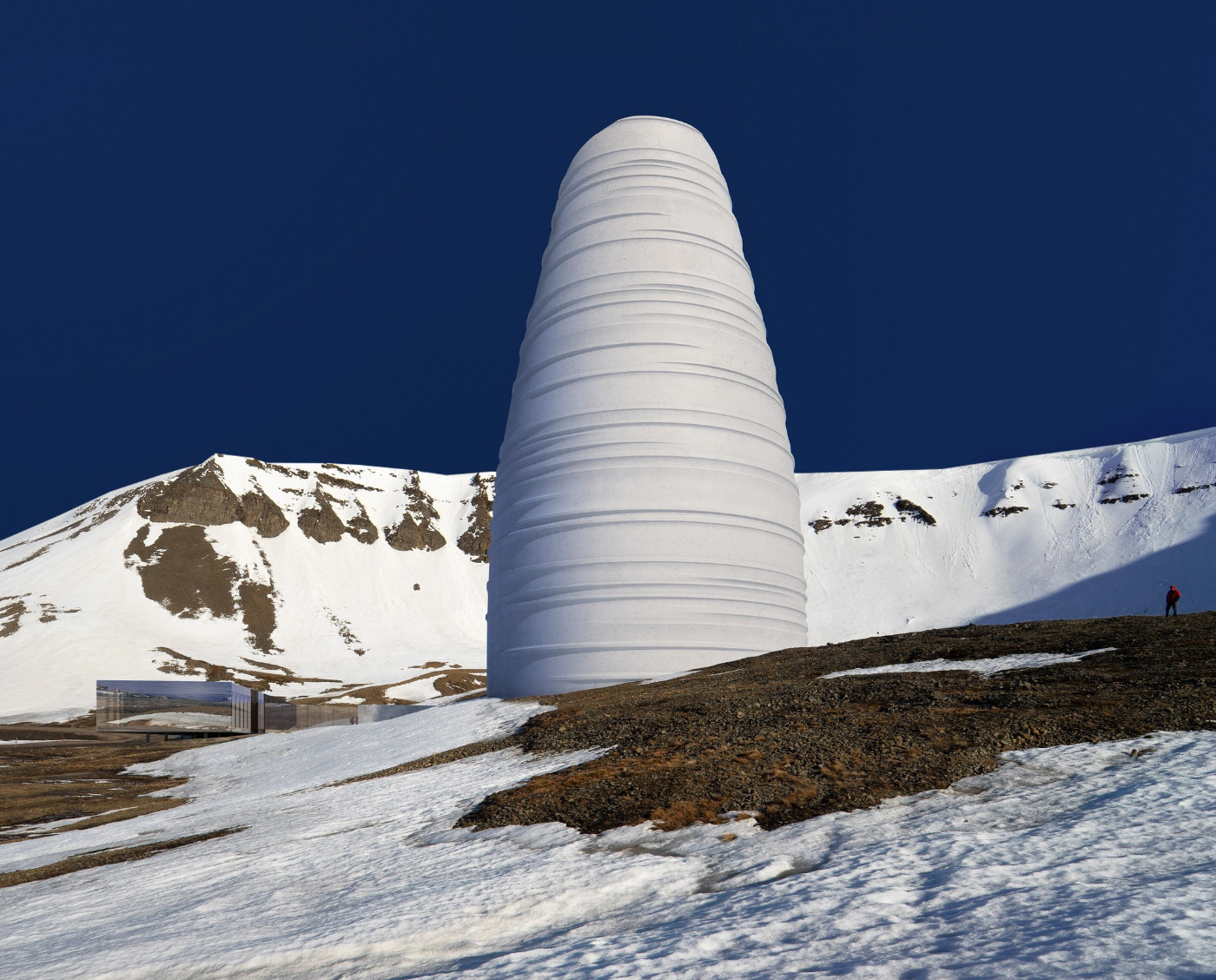Rendering of a white tower in the snow among the Svalbard Global Seed Vault