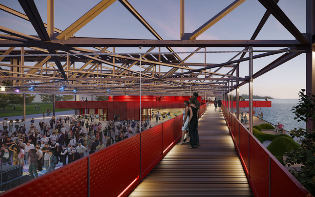 Outdoor venue with red partition walls and overhead beams