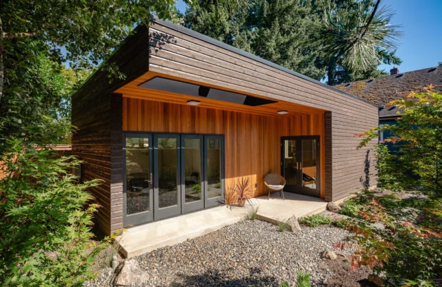 An ADU tiny home in portland with a timber cantilever, presented at the 2019 Build Small Live Large conference
