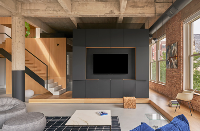 Loft interior with large television