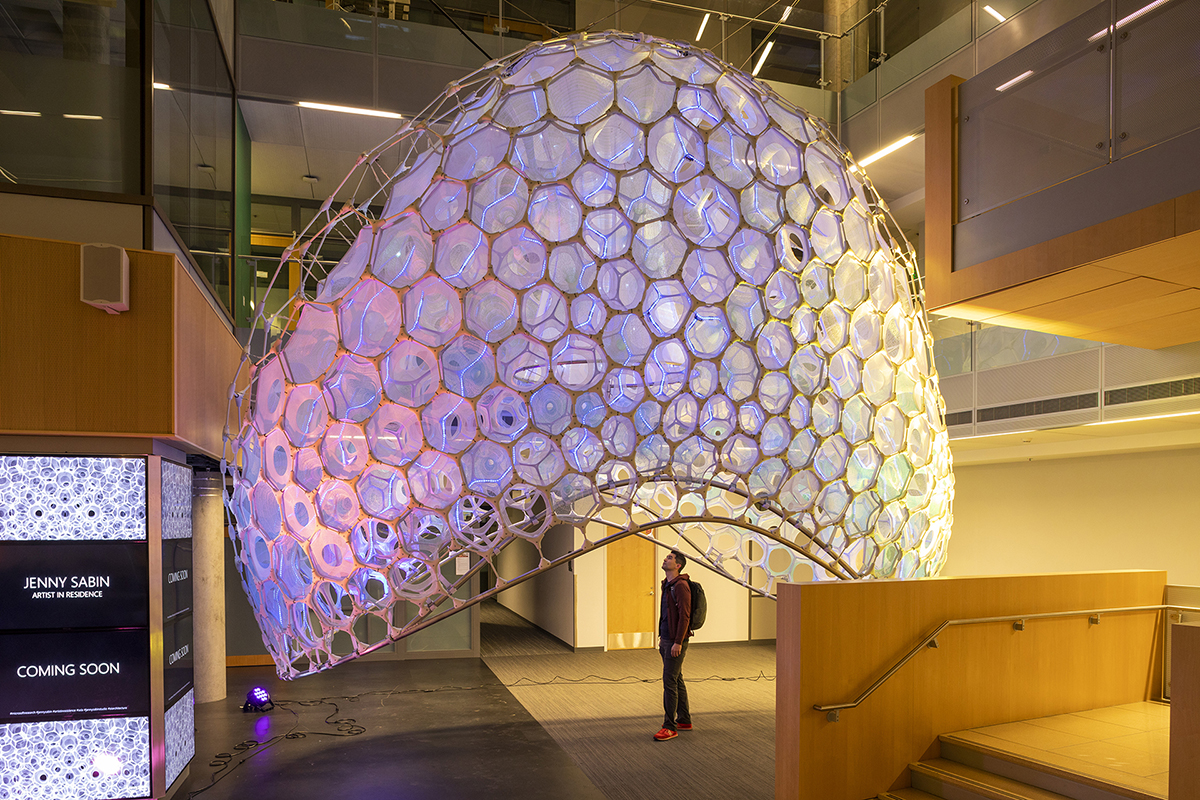 A person stands under an elliptical skeleton of hexagons that are glowing purple, designed by Jenny Sabin