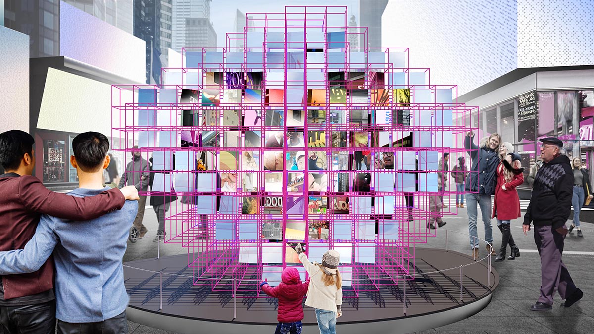 A rendering of two children in front of a pink frame with various square mirrors reflecting images of Times Square