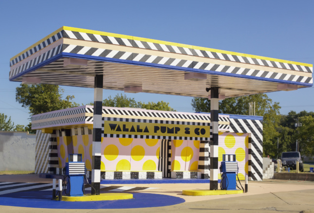 Artist Camille Walala turned a gas station into this pink and yellow public art piece.