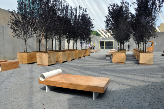 Wooden furniture assembled in a courtyard