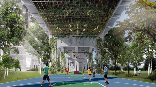Rendering of park/recreational area with paved courts and trees