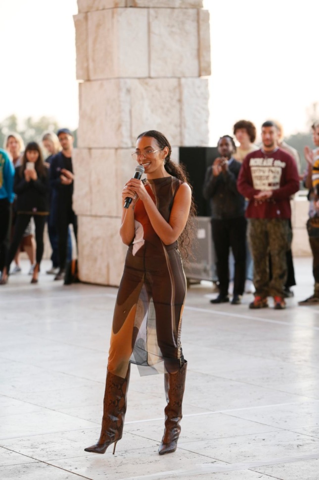 Solange Knowles speaks as she debuts a new site-specific performance “Bridge-s” at Getty Center Museum on Nov. 11, 2019, in Los Angeles, California. (Photo by Ryan Miller/Capture Imaging)