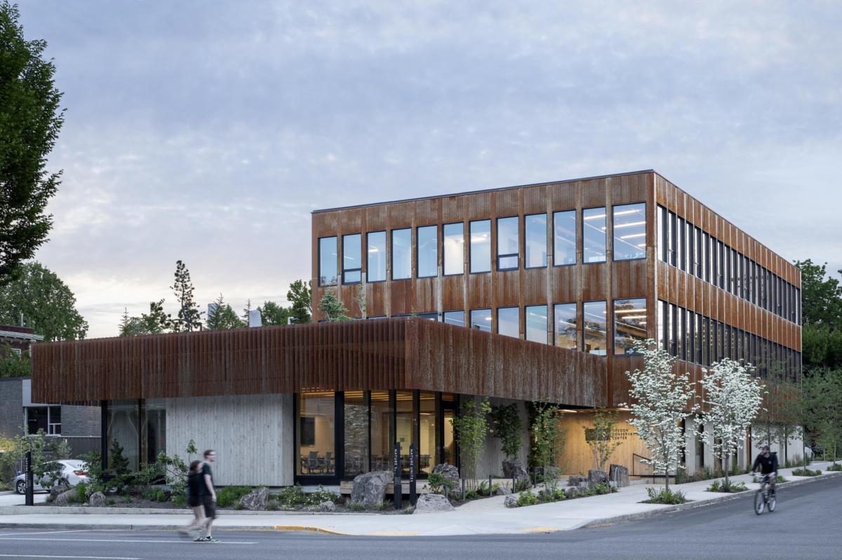 Exterior image of steel clad, timber frame building