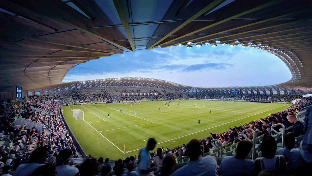A rendering of an all-timber constructed football stadium designed by ZHA