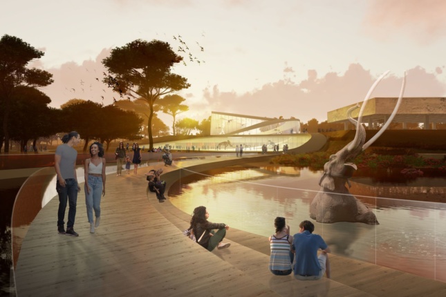 Rendering of a squat museum with a mammoth sinking into tar pits