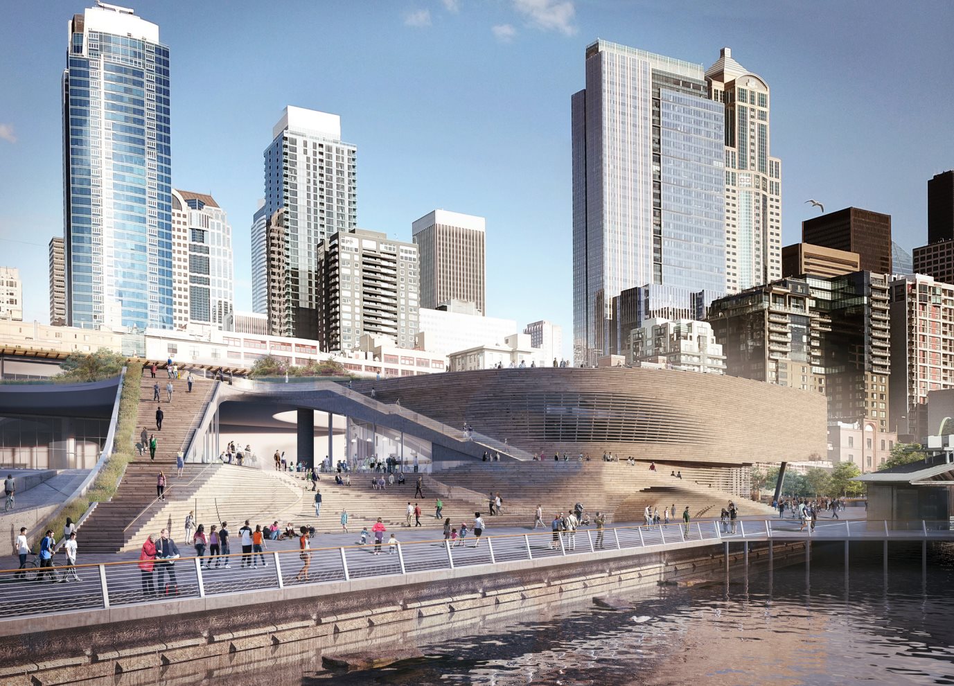 Outdoor rendering of the waterfront Seattle Aquarium, with descending stairs
