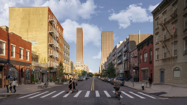 Rendering of a street with two towers framing views of a river