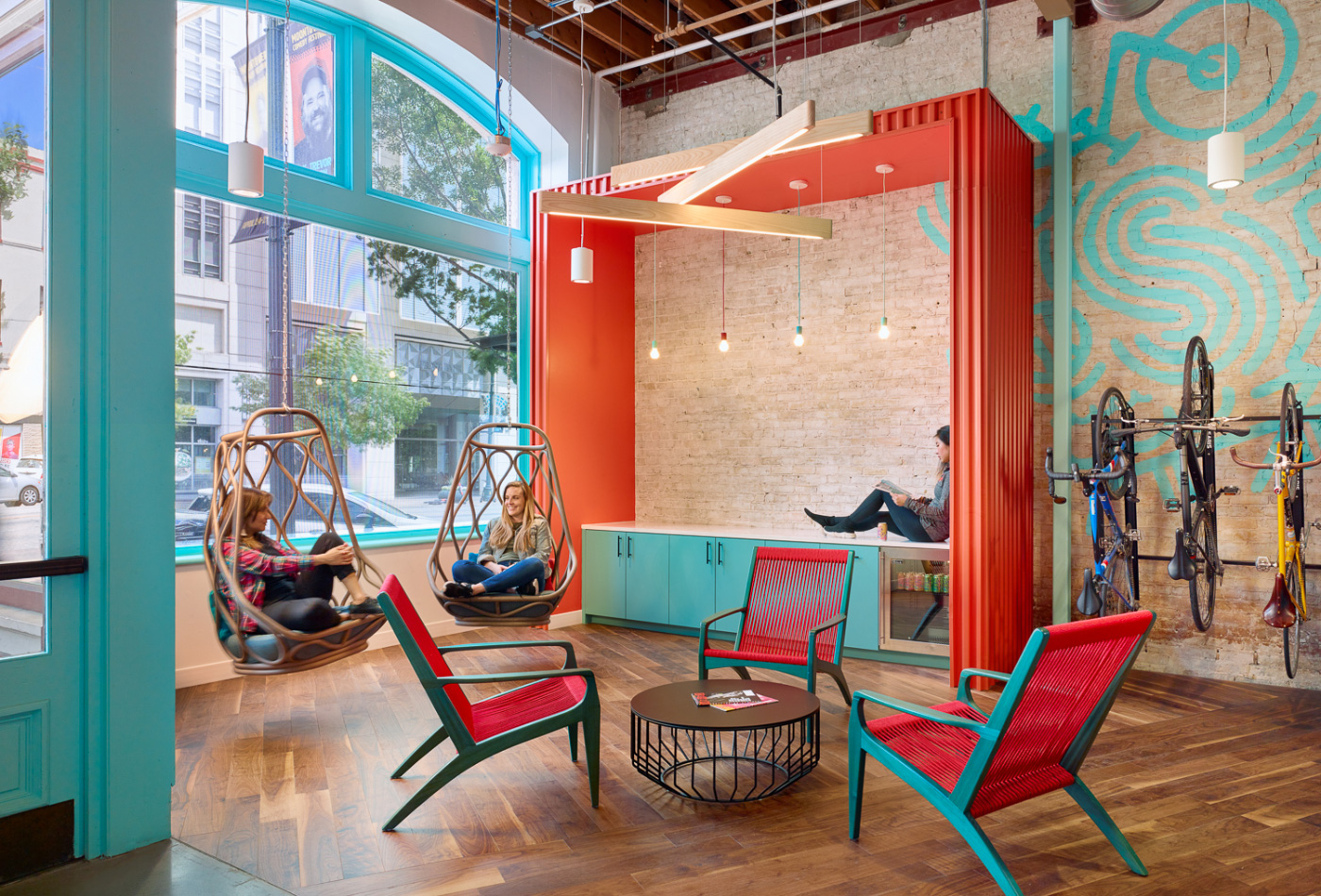 Interior of a Spreetail office, showing colorful metal accents