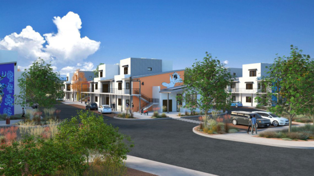 Rendering of complex at street level, with 2-story housing units
